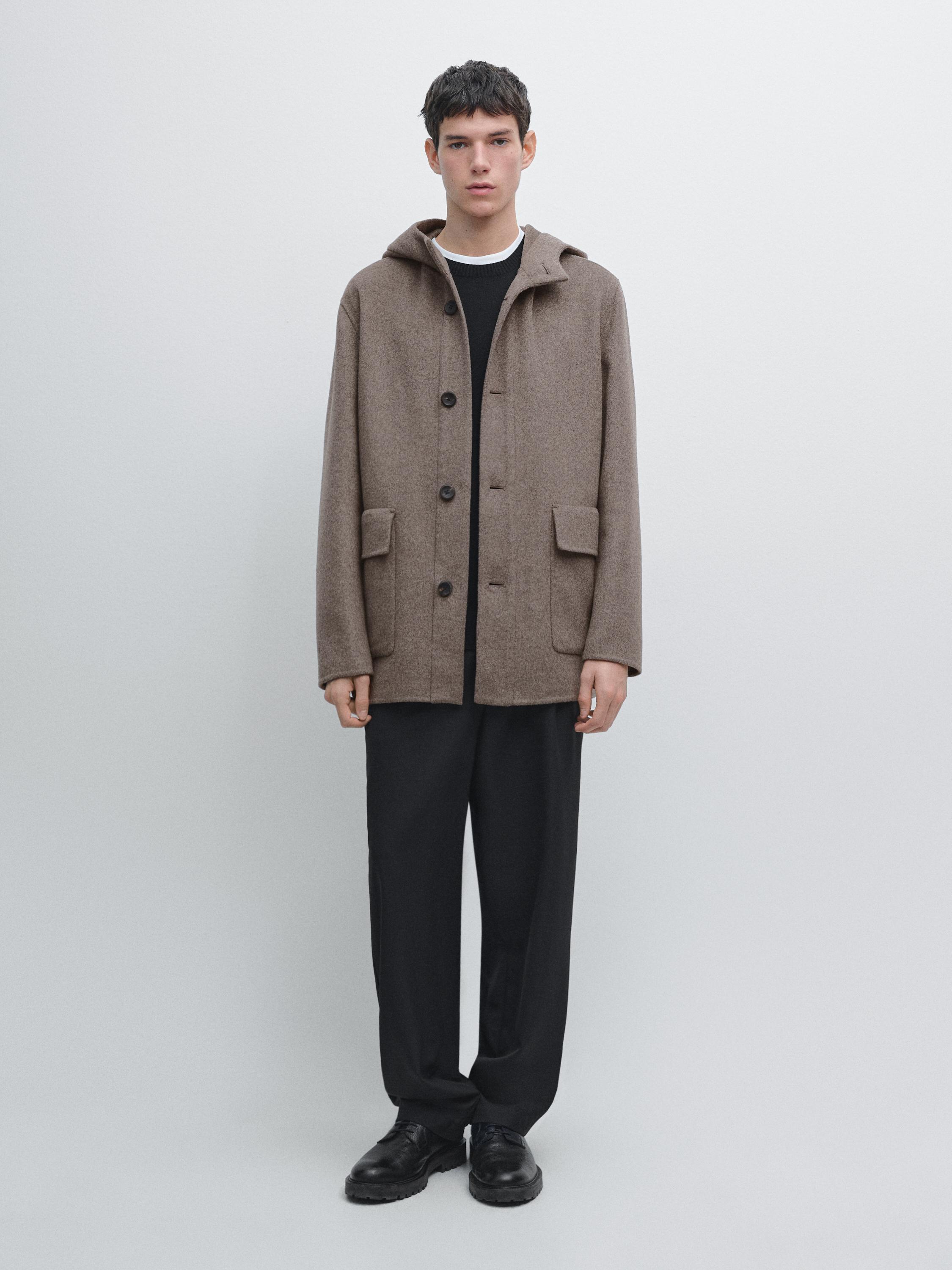 Manteau court à capuche en laine mélangée